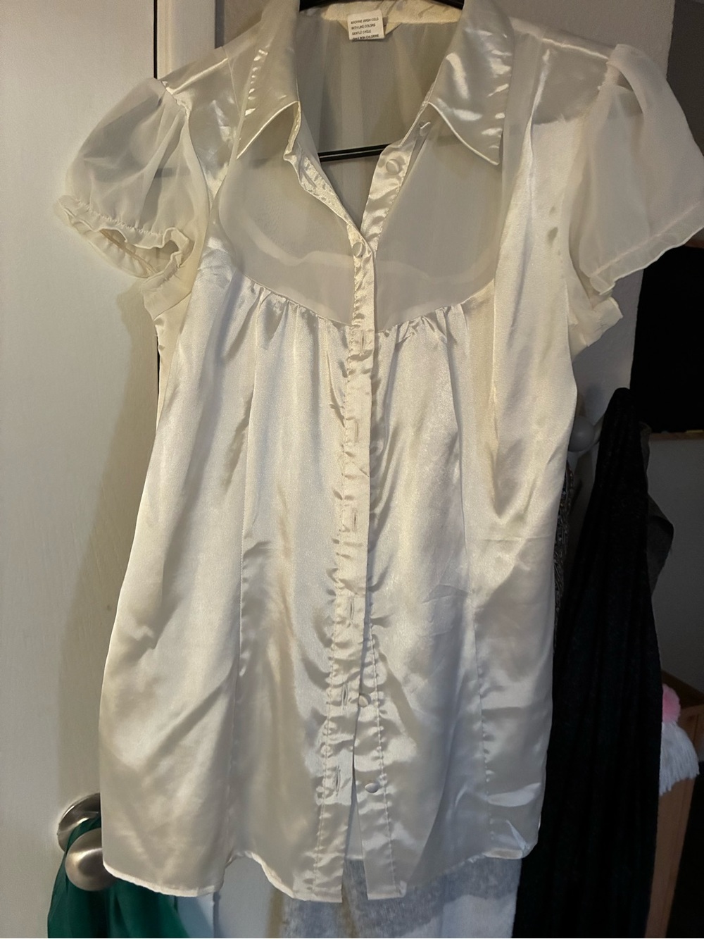 Studio Y Ivory Satin Button-Front Blouse with Sheer Yoke